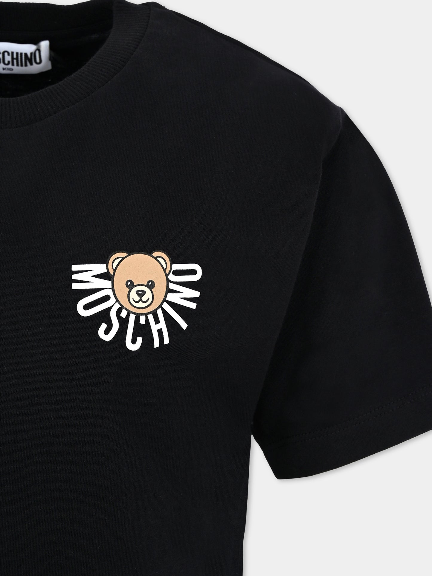 T-shirt nera per bambini con logo e Teddy Bear,Moschino Kids,HOM05G LAA10 60100