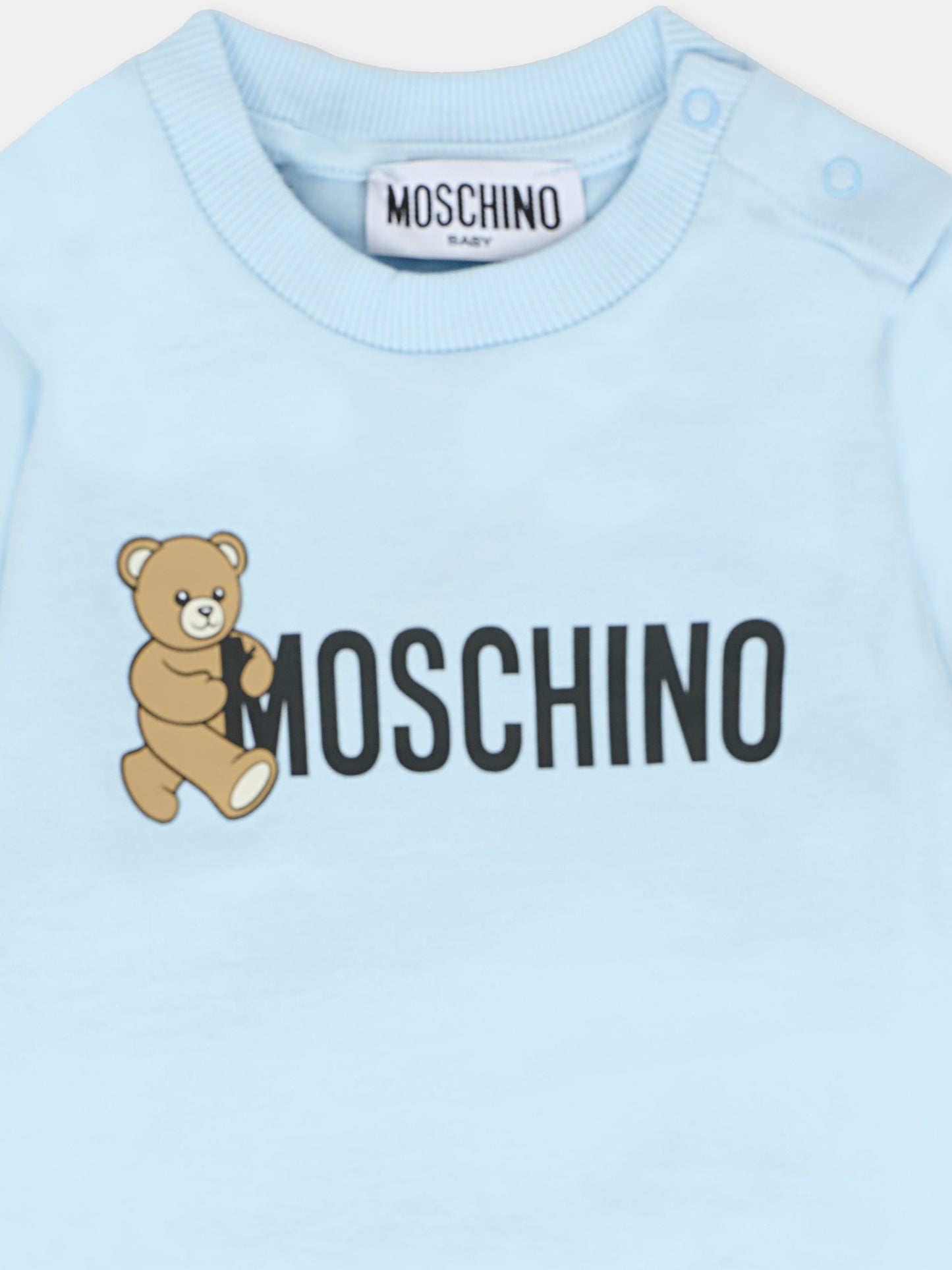 T-shirt celeste per neonato con Teddy Bear e logo,Moschino Kids,MRM047 LAA34 40304