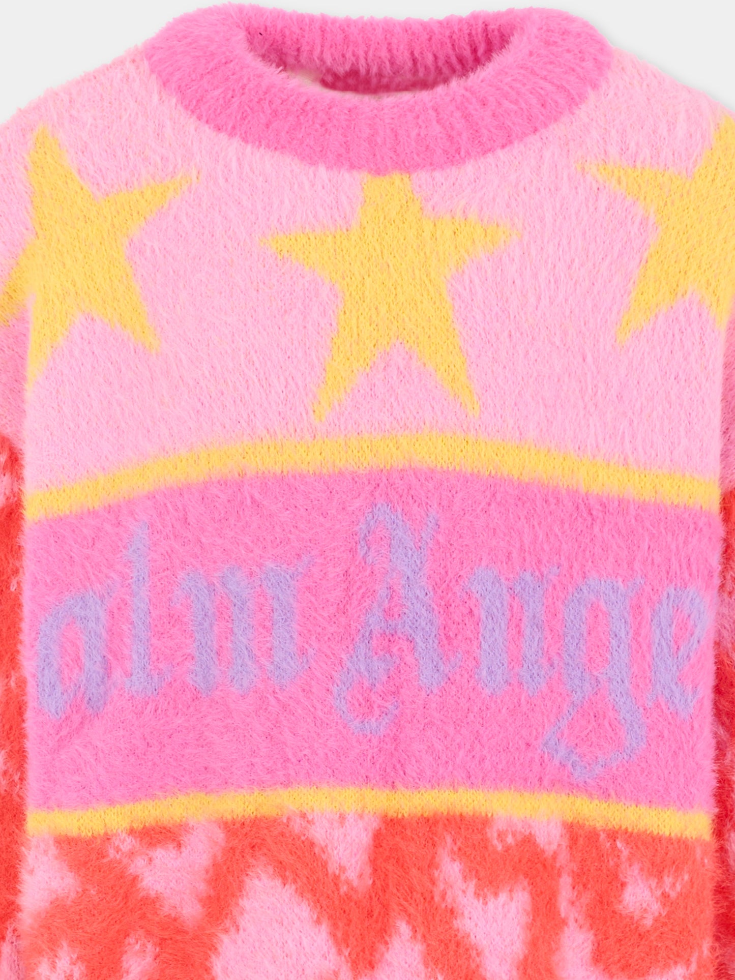 Maglione rosa per bambina con stelle e logo,Palm Angels,PGHE002F25KNI0033B36