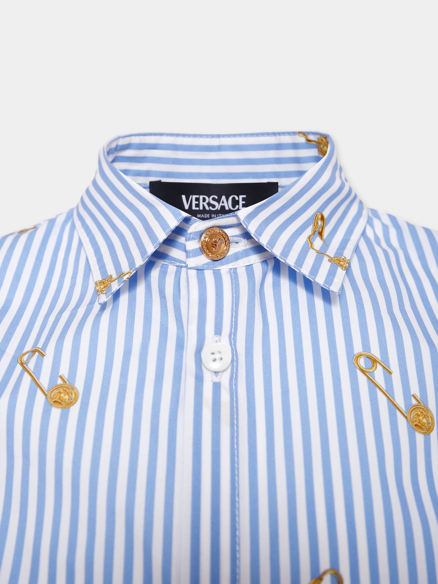 Camicia azzurra per bambino con spilla da balia,Versace,1018643 1A14827 5UE60