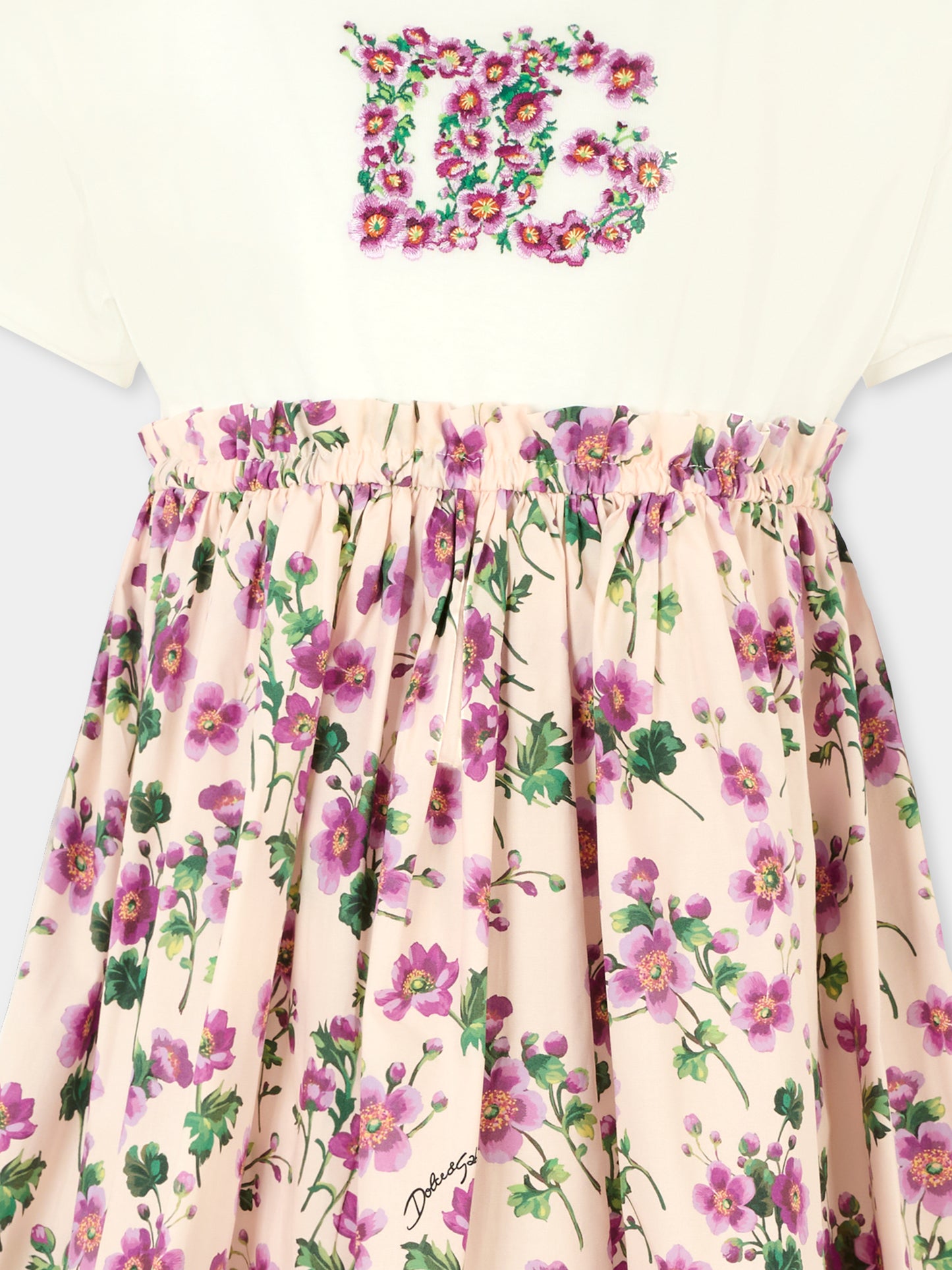 Vestito rosa per bambina con fiori e logo,Dolce & Gabbana Kids,L5JDAQ G7PHW S9000