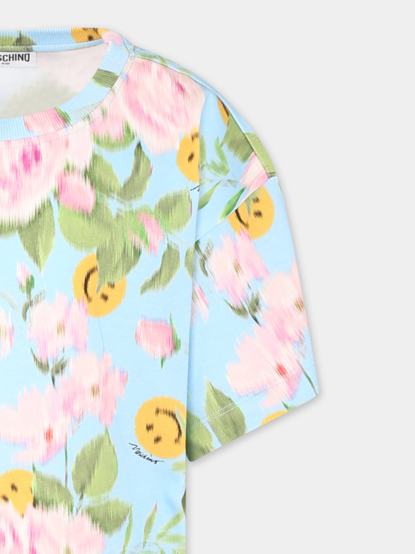 Vestito azzurro per bambina con stampa floreale e smile,Moschino Kids,HDV0GQ LABA9 84436