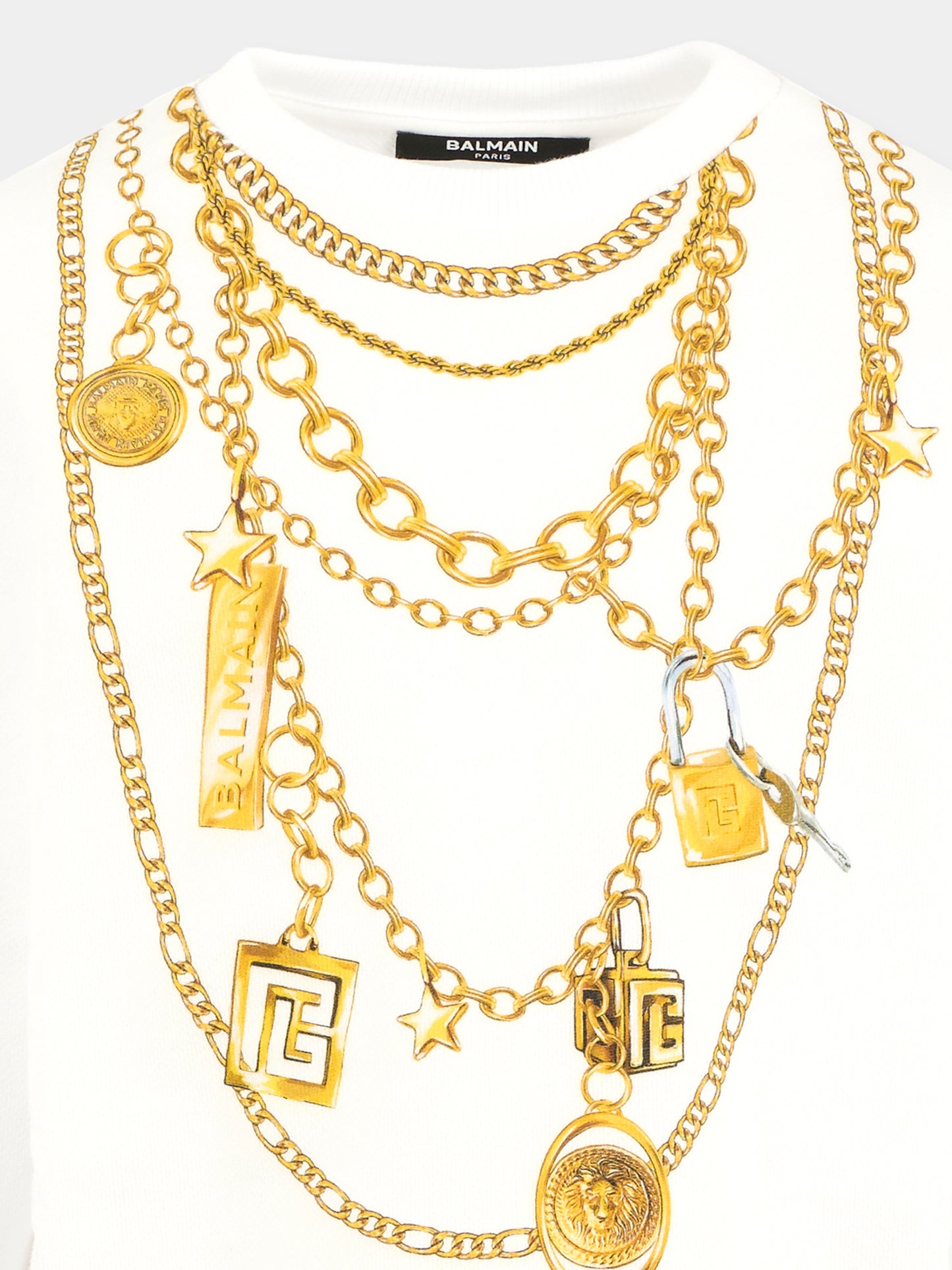 Felpa bianca per bambina con stampa catene e logo,Balmain Kids,BX4C80-Z3183 100OR