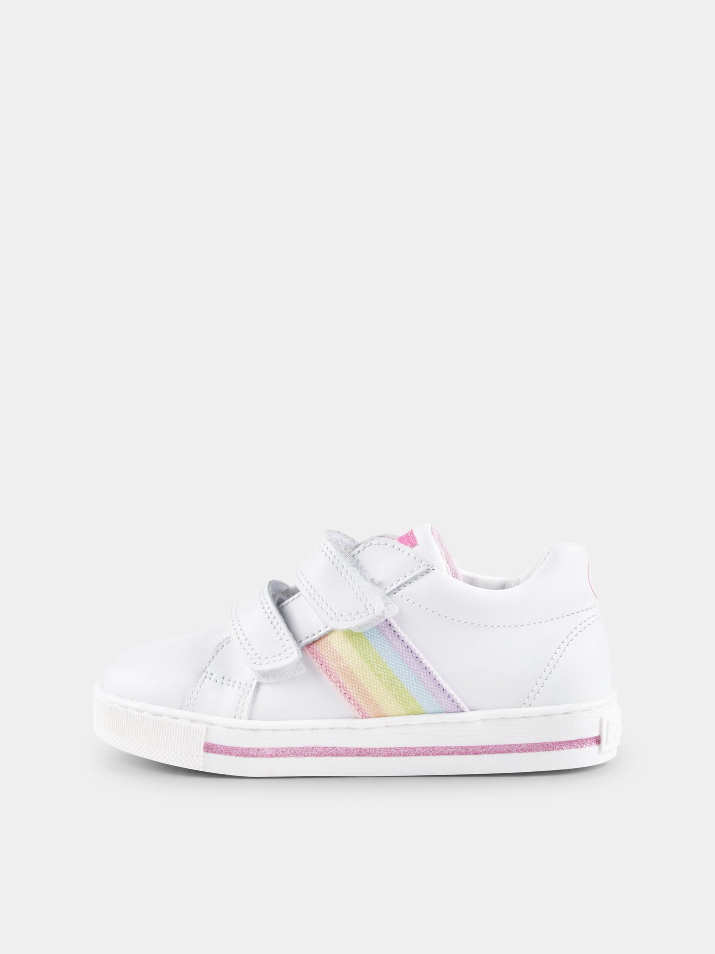 White sneakers for baby girl and girl with rainbow