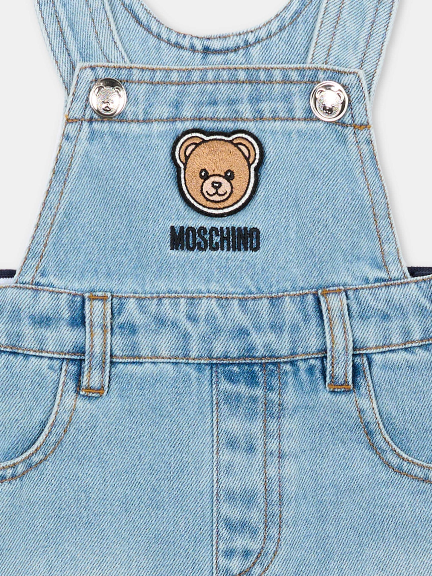 Salopette denim per neonati con Teddy Bear,Moschino Kids,MUQ01R L0E34 41034