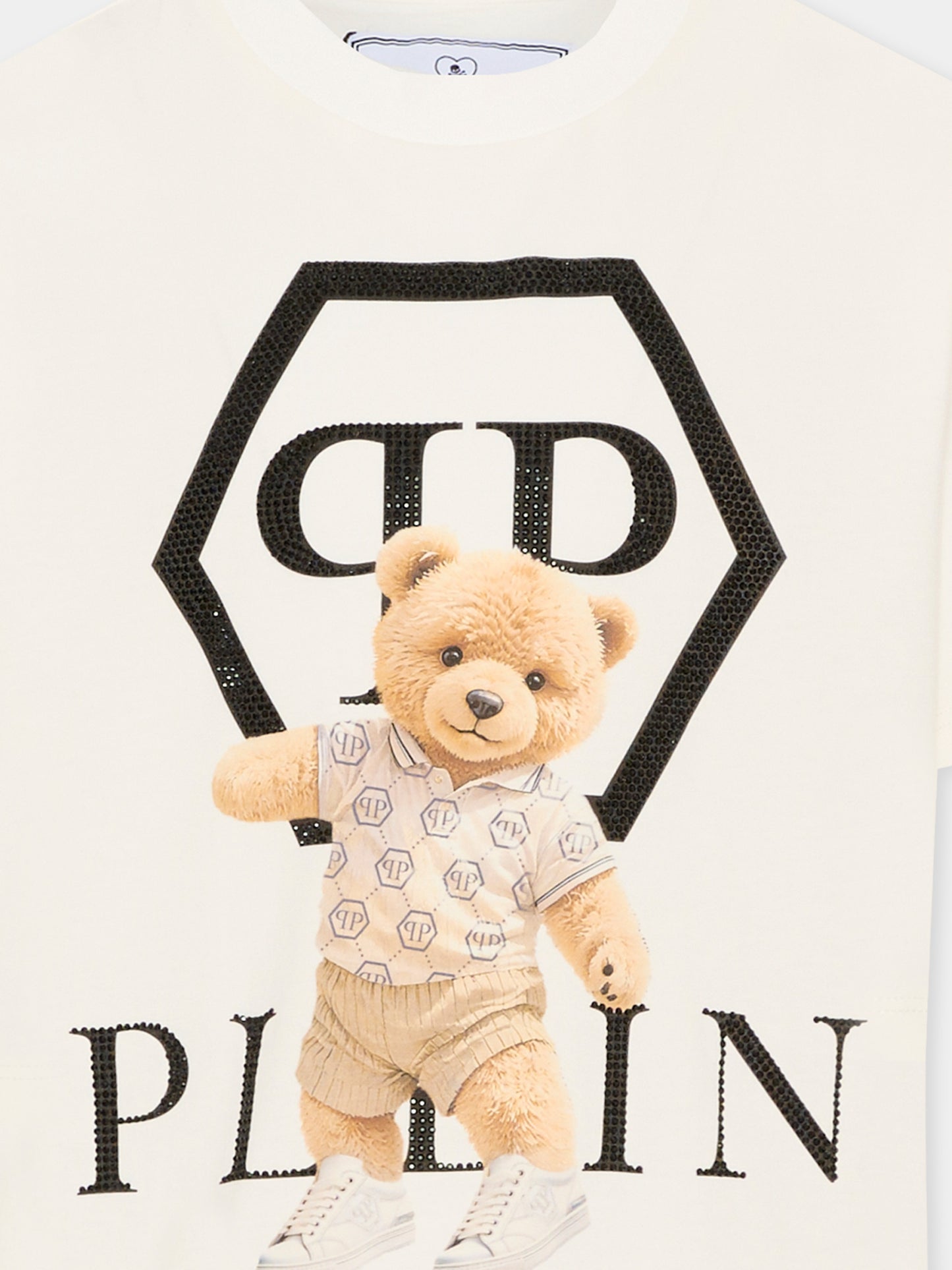 T-shirt avorio per bambina con orsetto e logo di strass,Philipp Plein Junior,S6PHJGTH202 002