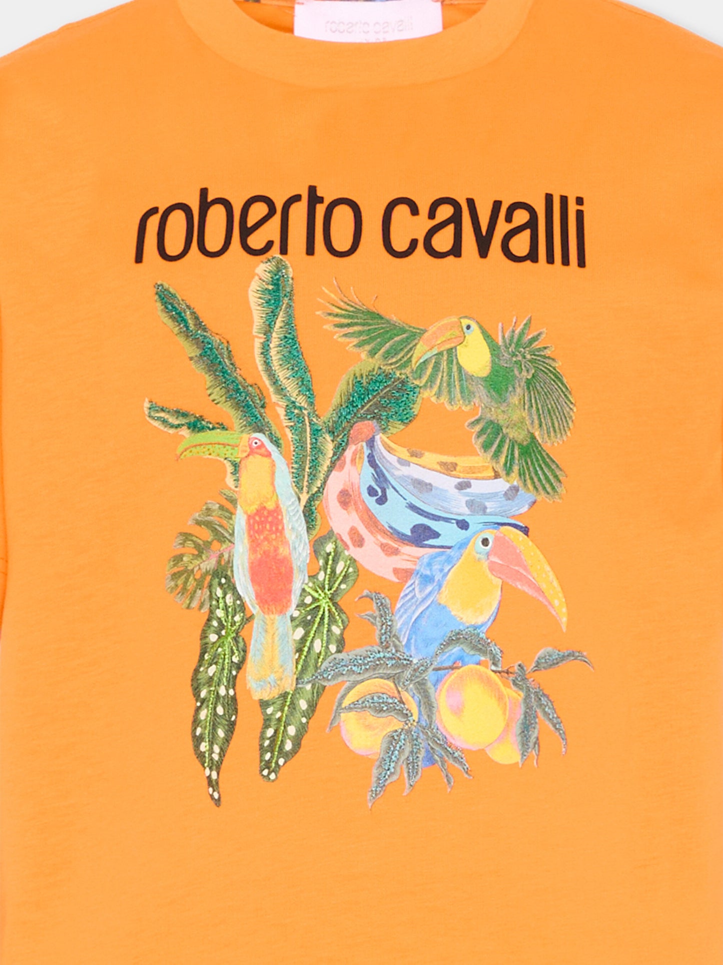 T-Shirt arancione per bambino con stampa jungle,Roberto Cavalli Kids,CBP26150TS ORANGE B.OF PARADISE