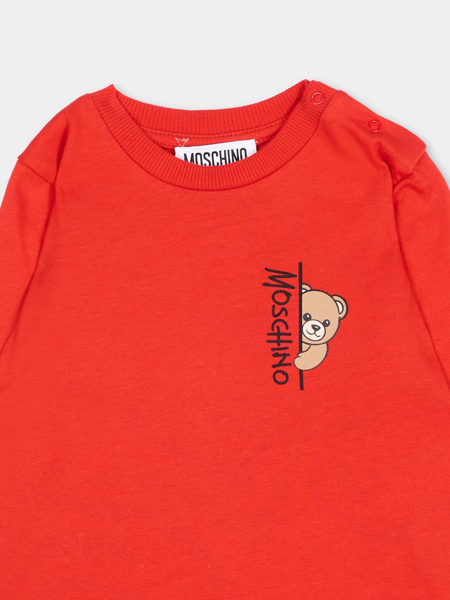 T-Shirt a manica lunga rossa per neonati con Teddy Bear,Moschino Kids,MNO014 LAA58 50109