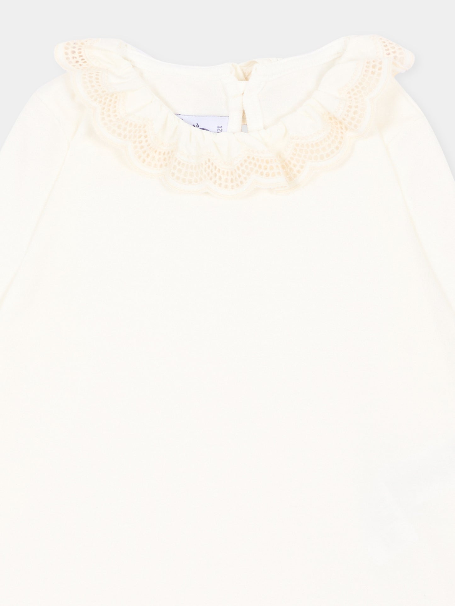 T-Shirt avorio per neonata con colletto in pizzo,Petit Bateau,A0GGO 01