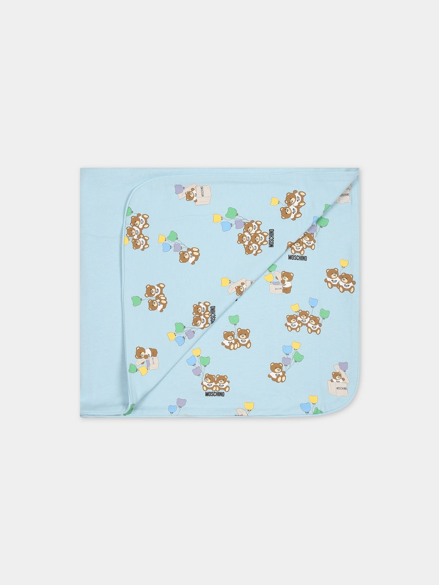 Coperta celeste per neonato con Teddy Bear e logo,Moschino Kids,MXB005 LCB38 83439