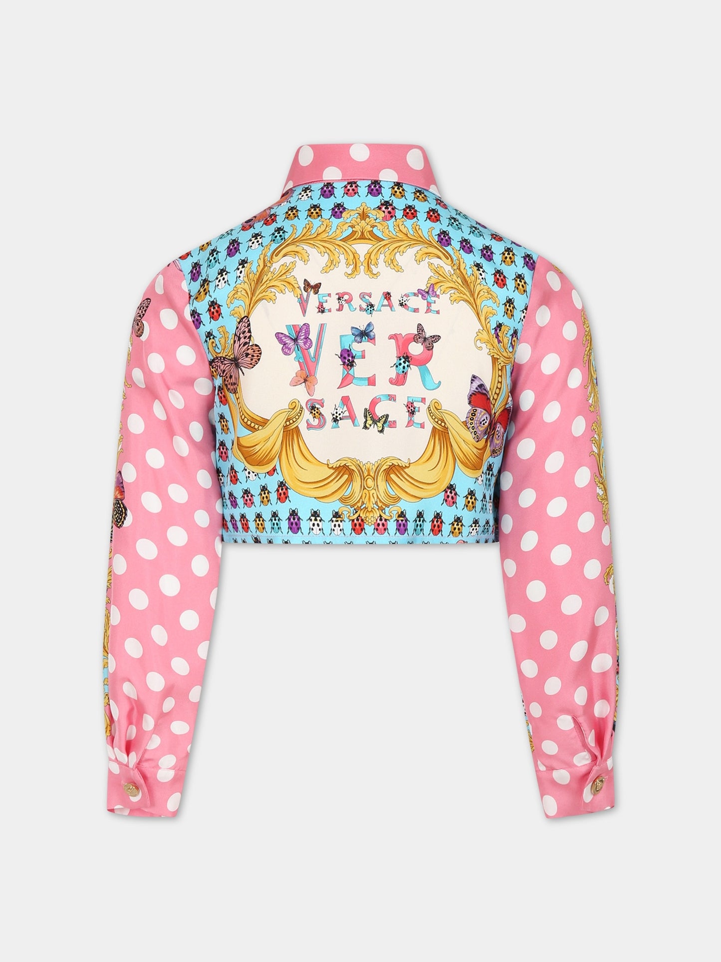 Camicia celeste per bambina con stampa iconica e logo,Versace,1011107 1A08125 5X280