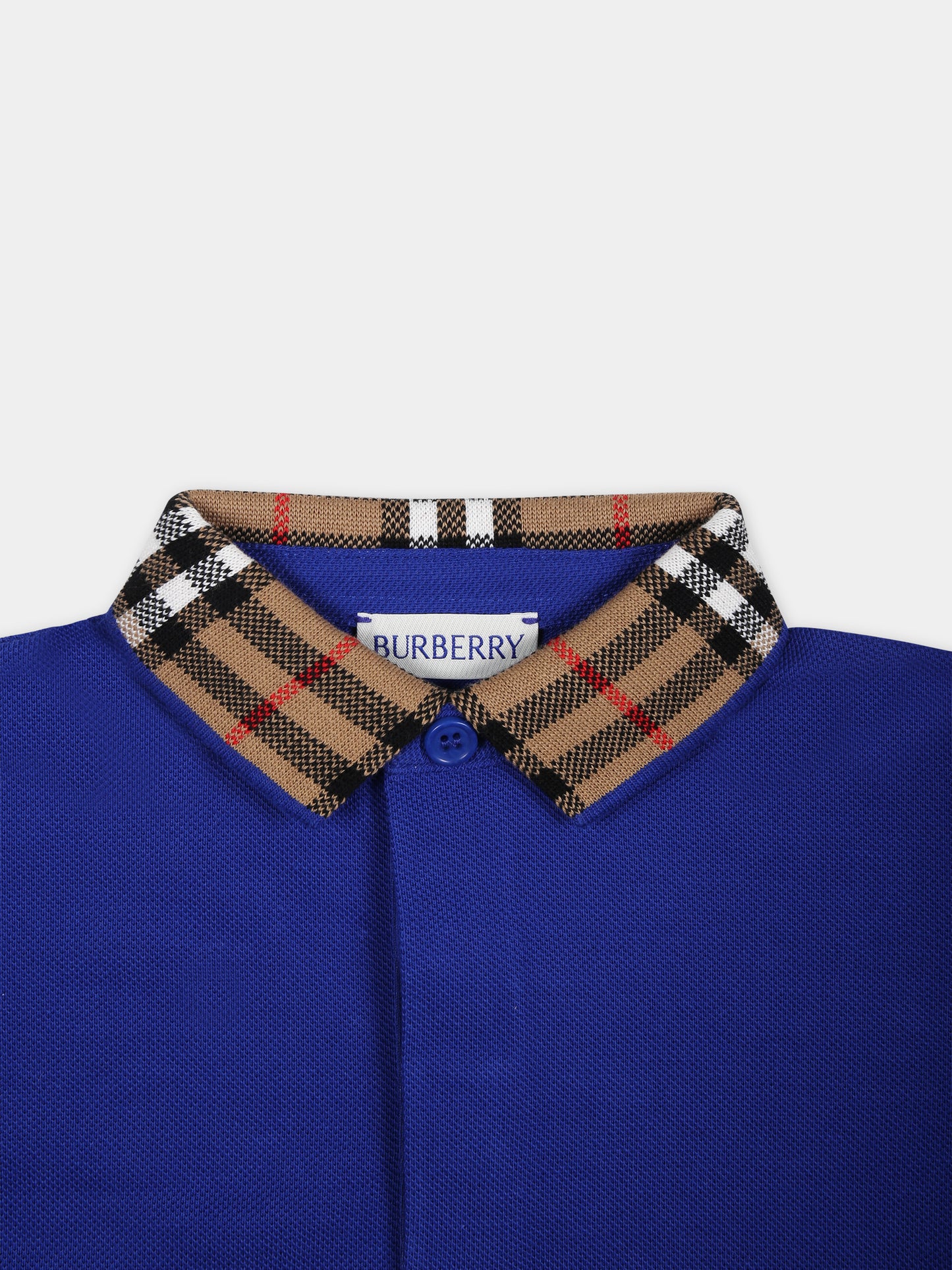 Polo azzurra per neonato con check vintage sul colletto,Burberry Kids,8081965 B7323