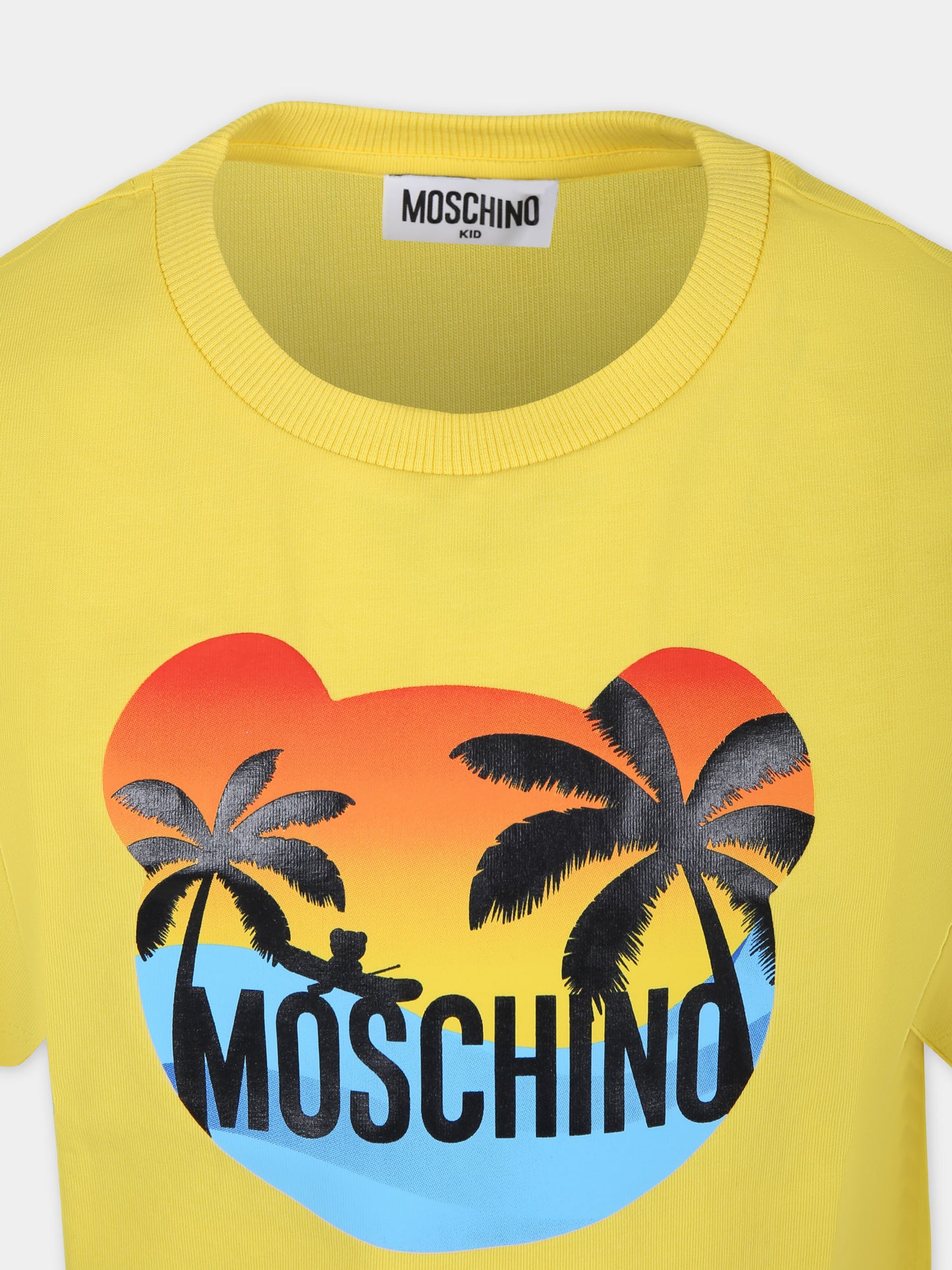 T-shirt gialla per bambina con stampa multicolor e logo,Moschino Kids,HDM06E LBA10 50162