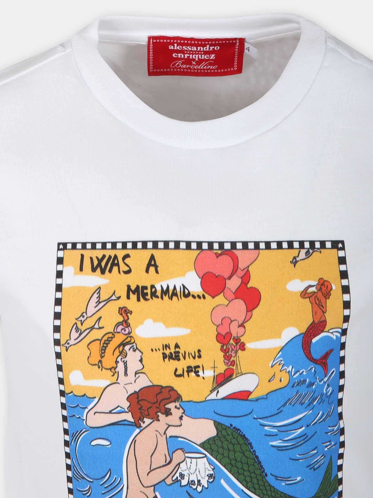 T-shirt bianca per bambina con stampa sirene e scritta,Alessandro Enriquez X Barcellino,112708
