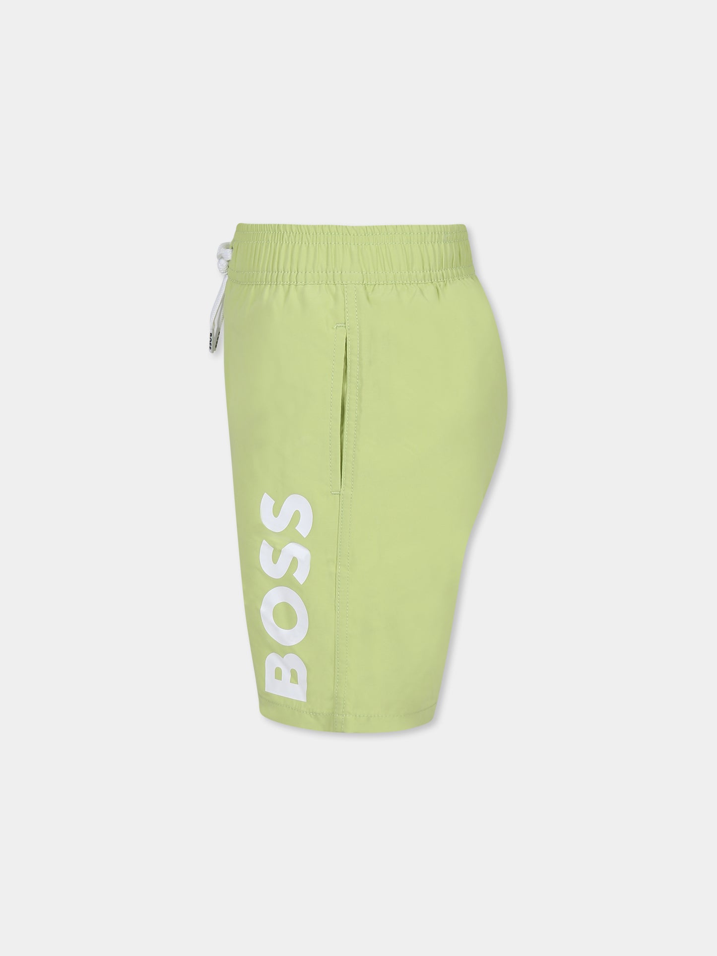 Green swim shorts for boy with logo