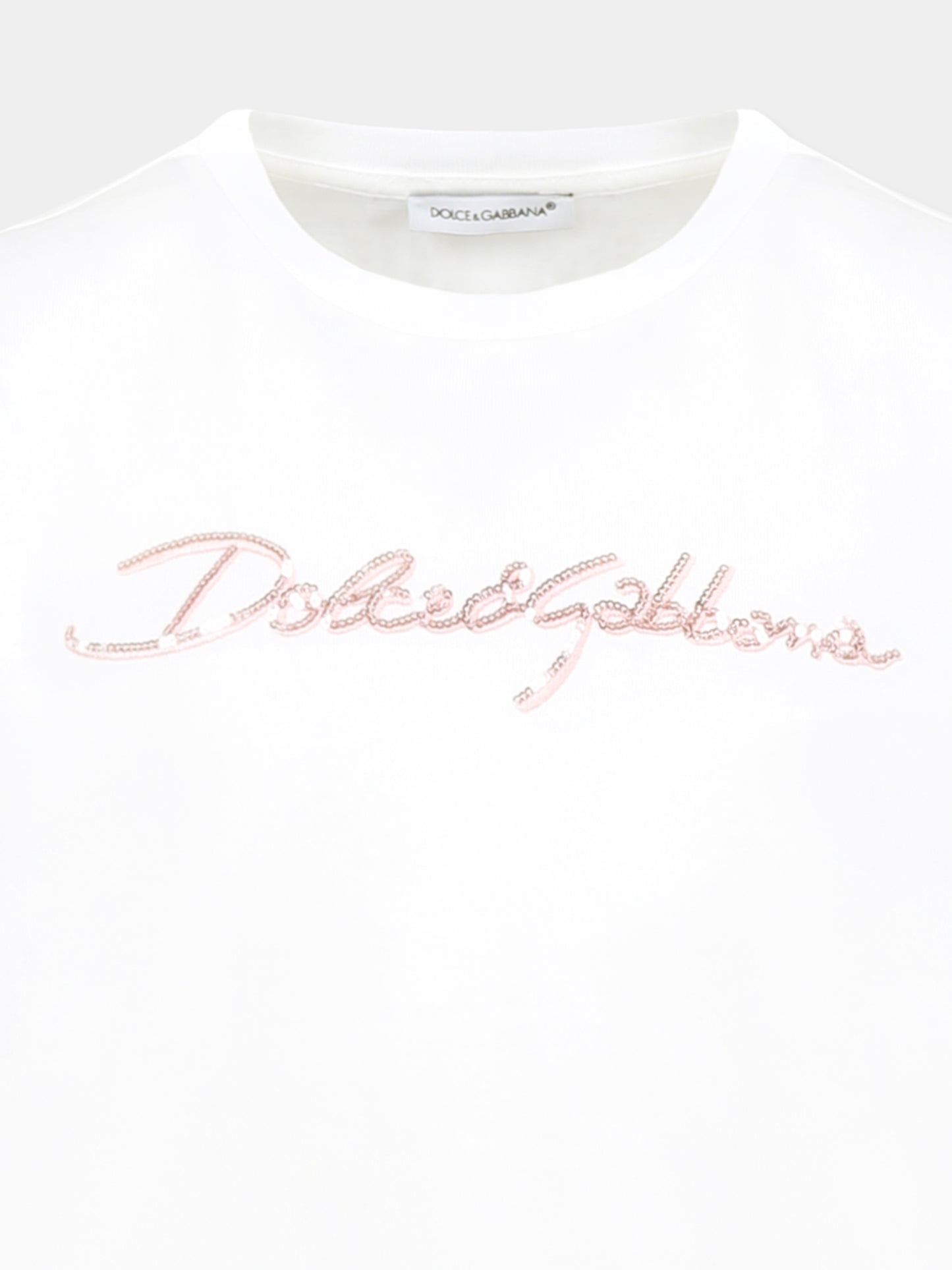 T-shirt bianca per bambina con logo e paillettes,Dolce & Gabbana Kids,L5JTNK G7O0Y W0111