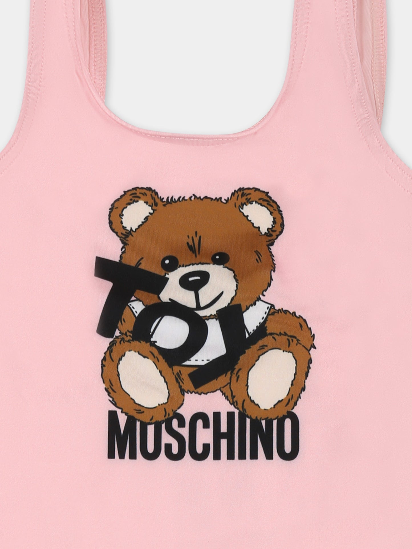 Pink swimsuit for baby girl with Teddy Bear and black logo