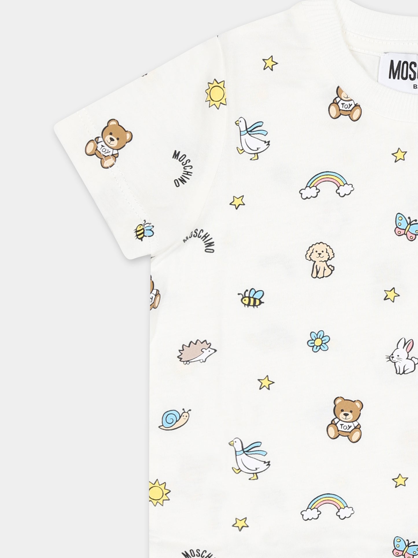 T-shirt avorio per neonati con Teddy Bear e stampa all over,Moschino Kids,MOM047 LABA6 83449