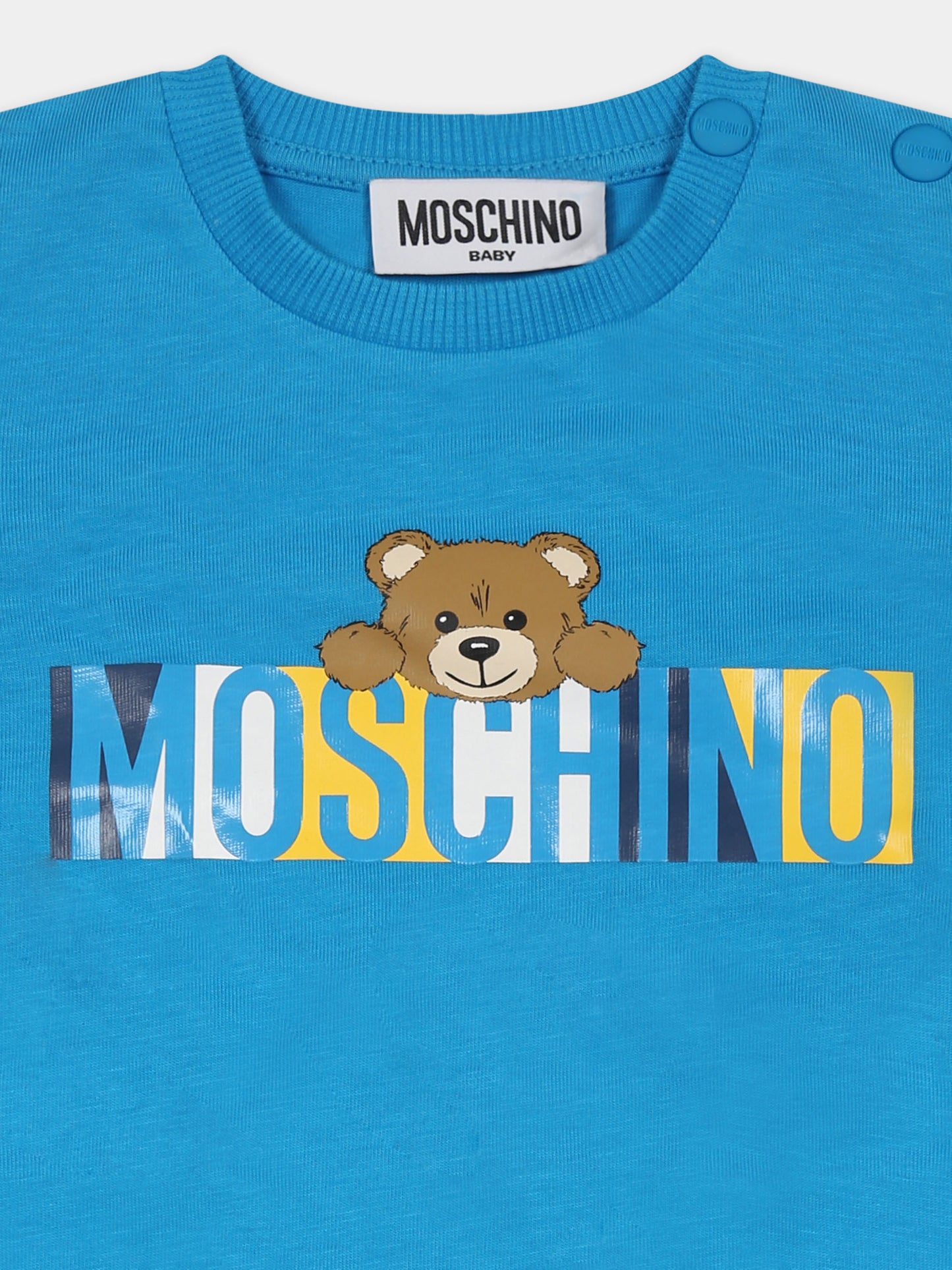 Pagliaccetto azzurro per neonato con Teddy Bear e logo,Moschino Kids,MPY022 LAA02 41047
