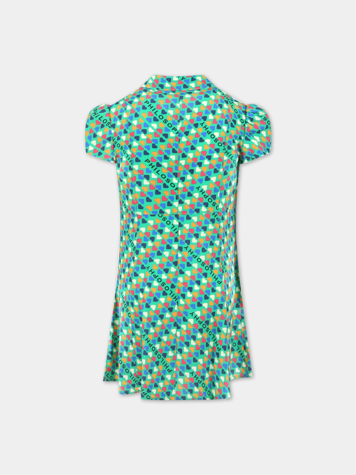 Vestito verde per bambina con cuori e logo,Philosophy,PJAB248 GA111 1002