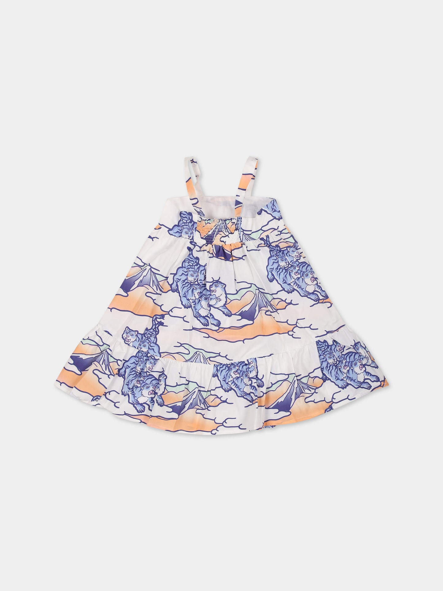 Vestito bianco per neonata con stampa multicolor, tigri e logo,Kenzo Kids,K04221 10P