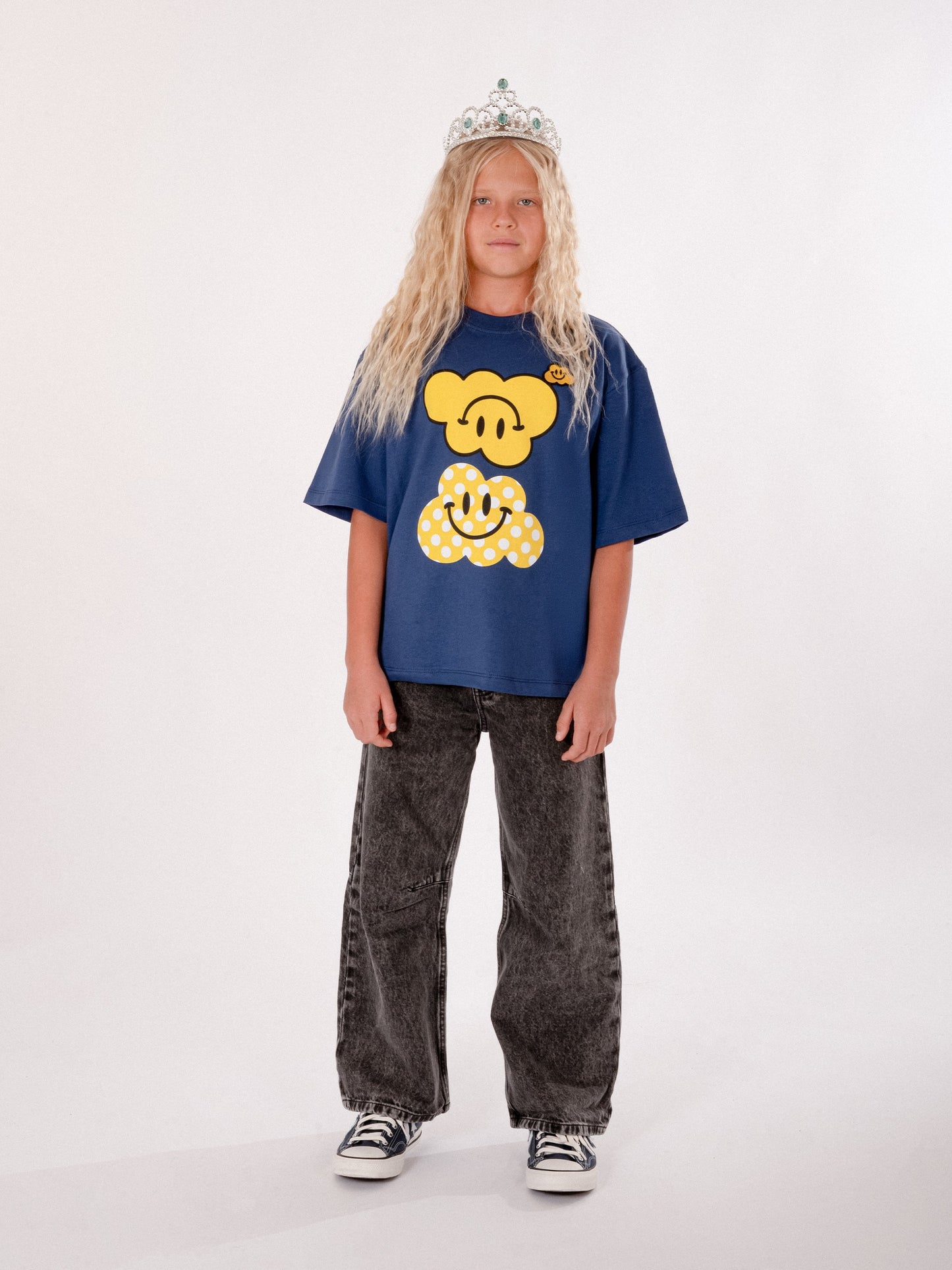 Blue t-shirt for kids with yellow clouds