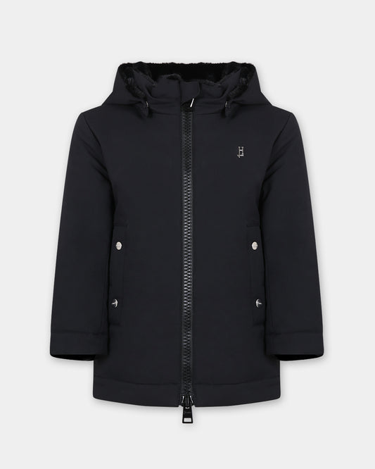 Black parka for boy with logo