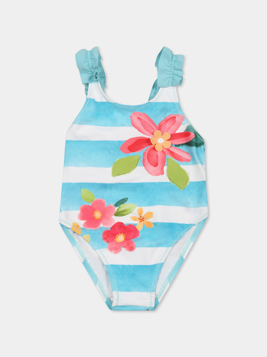 Light blue swimsuit for baby girl with flowers