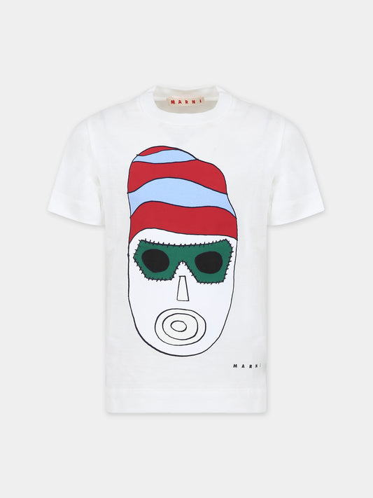 White t-shirt for kids with mask print and logo