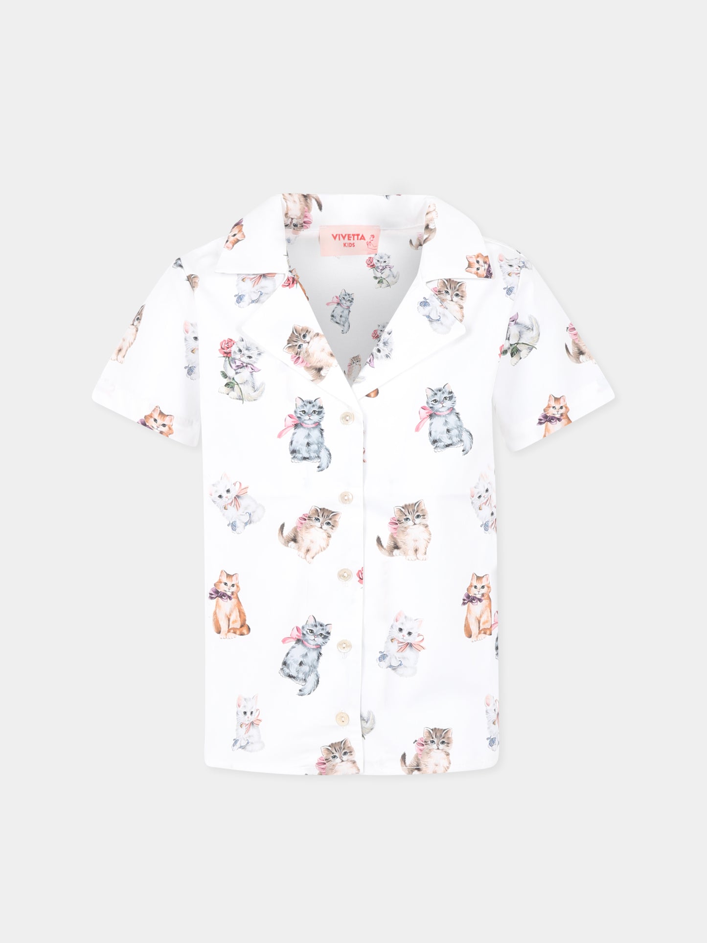 Camicia bianca per bambina con gatti all over,Vivetta Kids,VE2530B