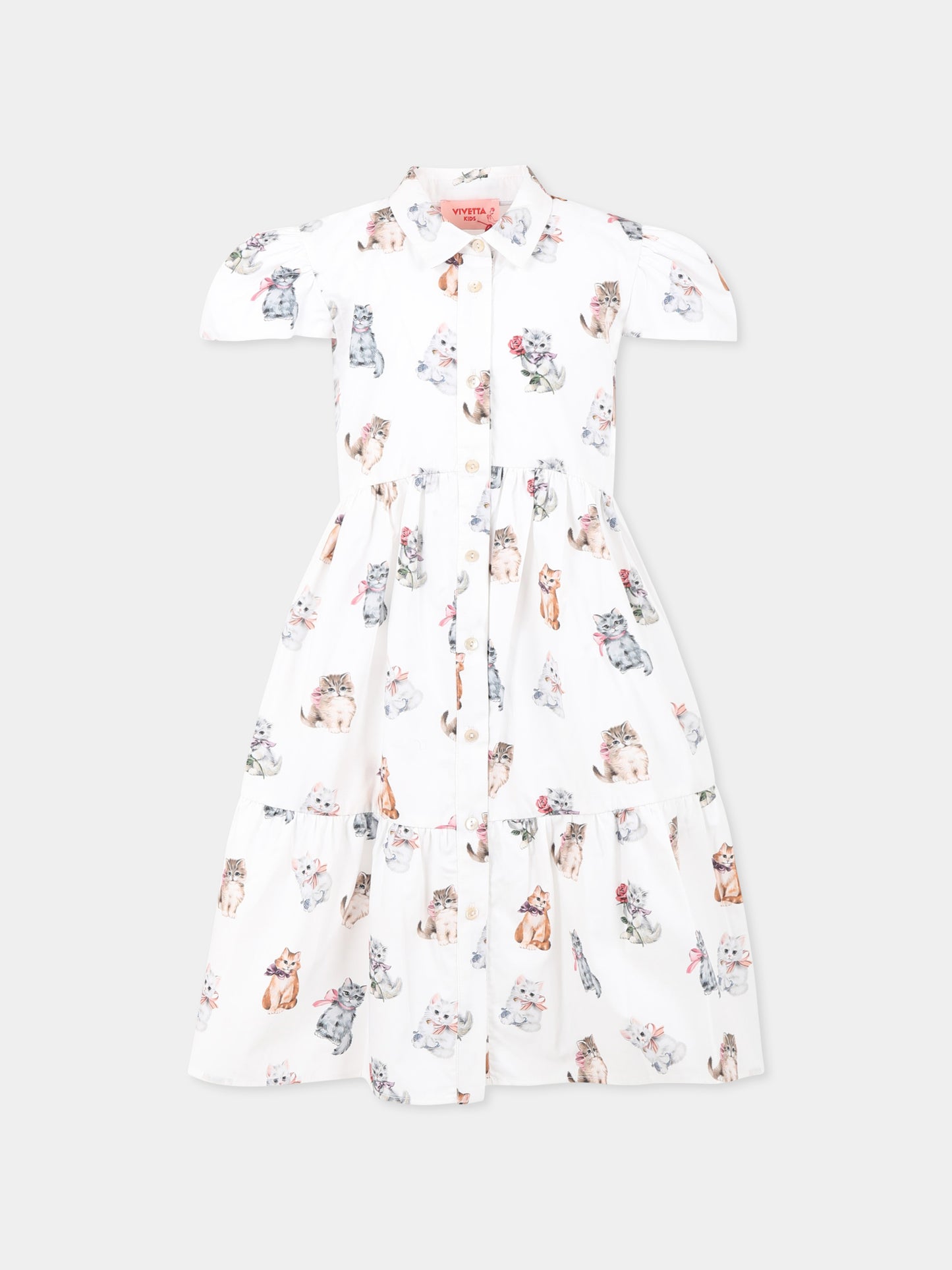 Vestito bianco per bambina con gatti all over,Vivetta Kids,VE2538B