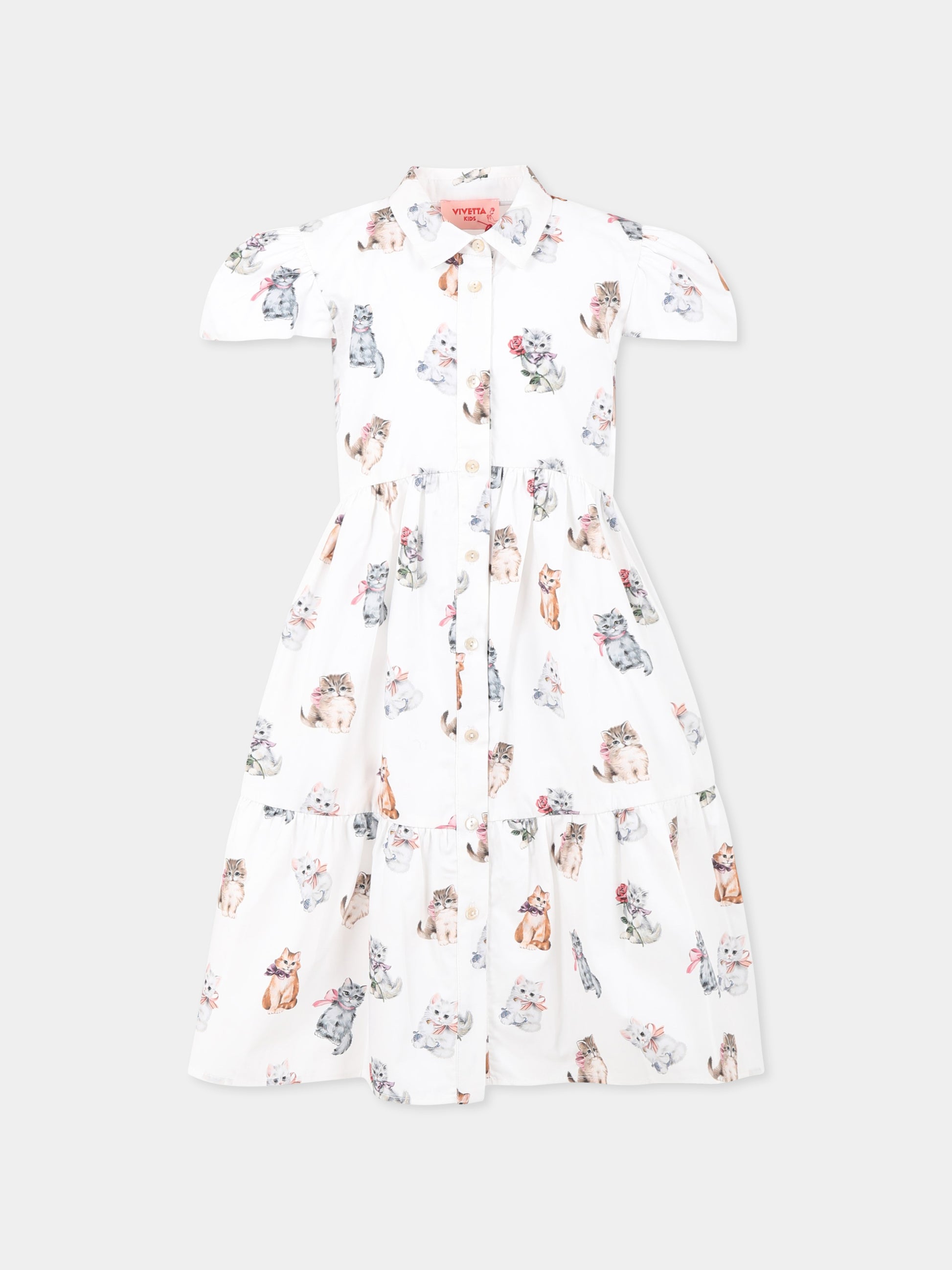 Vestito bianco per bambina con gatti all over,Vivetta Kids,VE2538B