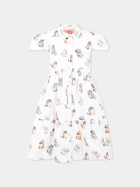 Vestito bianco per bambina con gatti all over,Vivetta Kids,VE2538B
