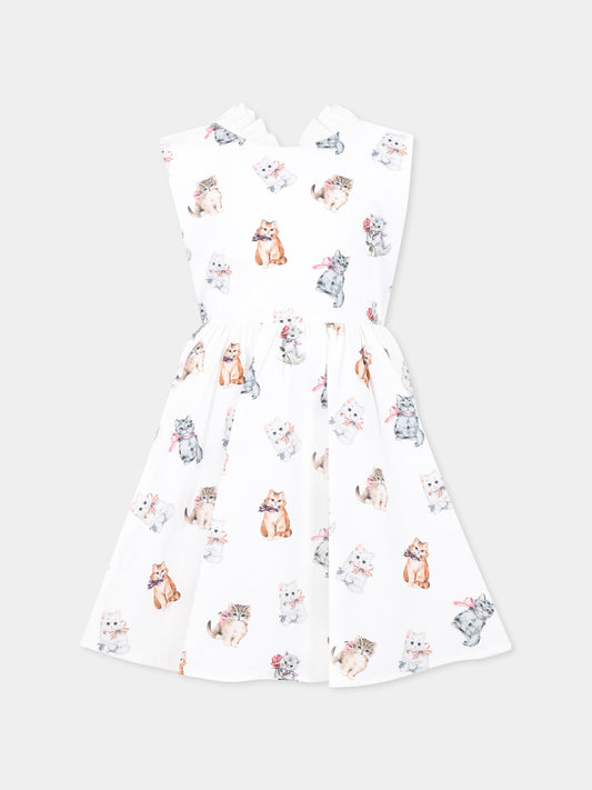 Vestito bianco per bambina con gatti all over,Vivetta Kids,VE2534B