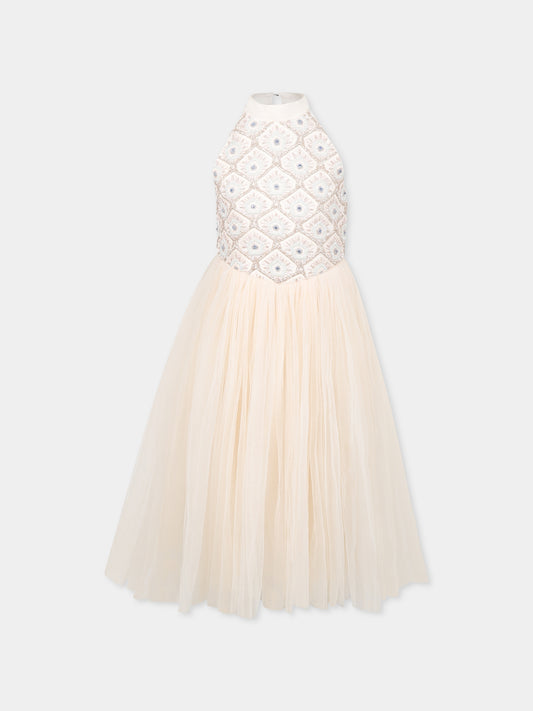 Pink dress for girl with floral motif and beads