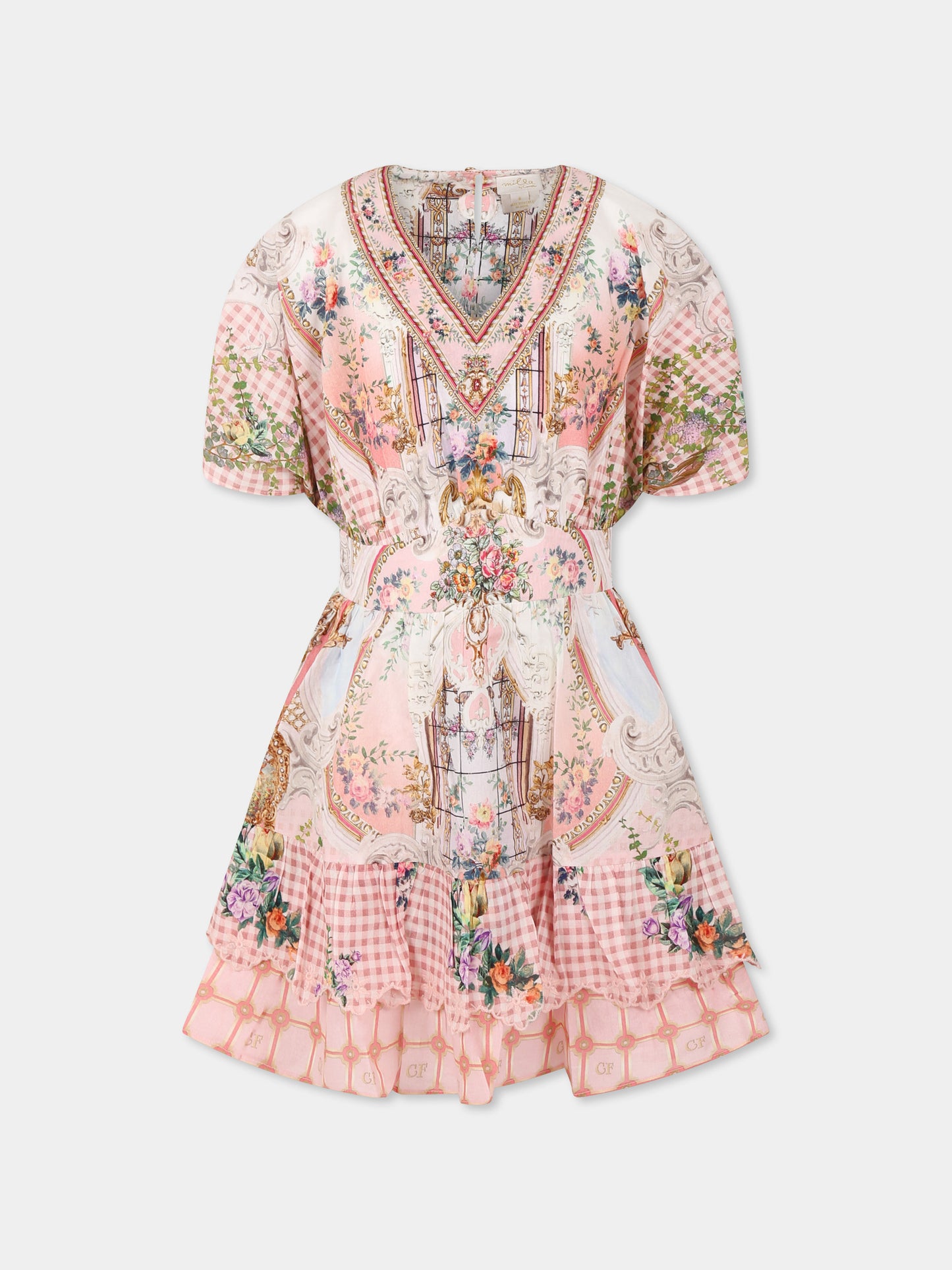 Vestito rosa per bambina con stampa floreale e strass,Camilla,00034387 LISBLULL