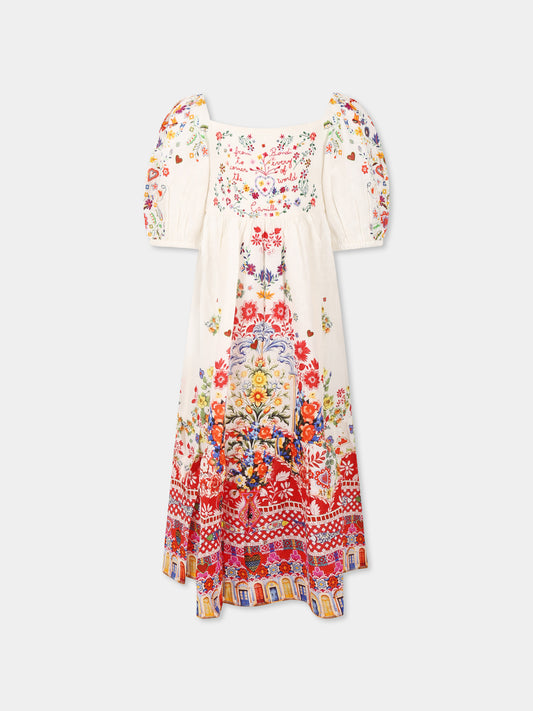 Vestito bianco per bambina con stampa floreale e strass,Camilla,00036254 FATHJUST