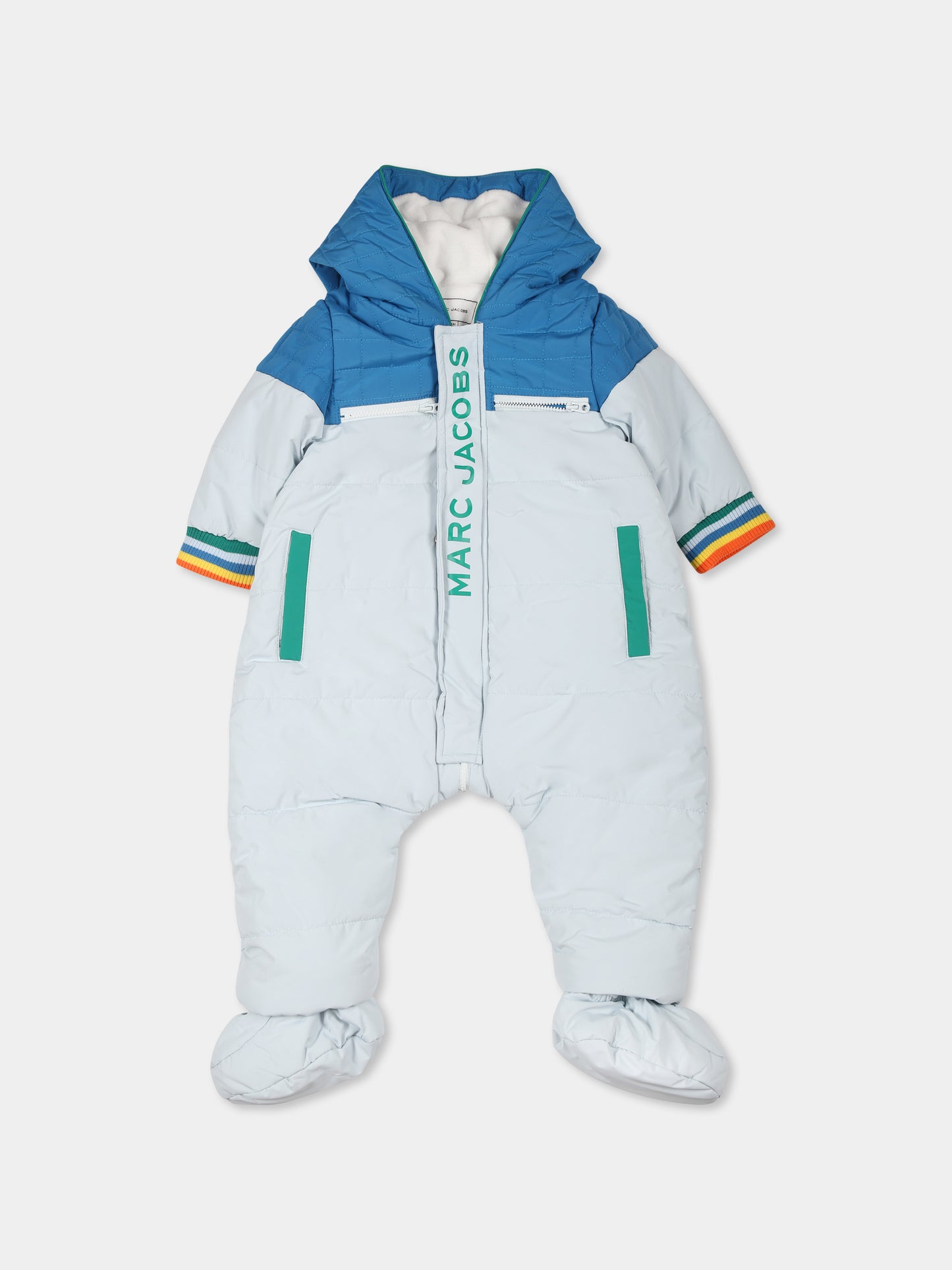 Light blue down jacket for baby boy with logo