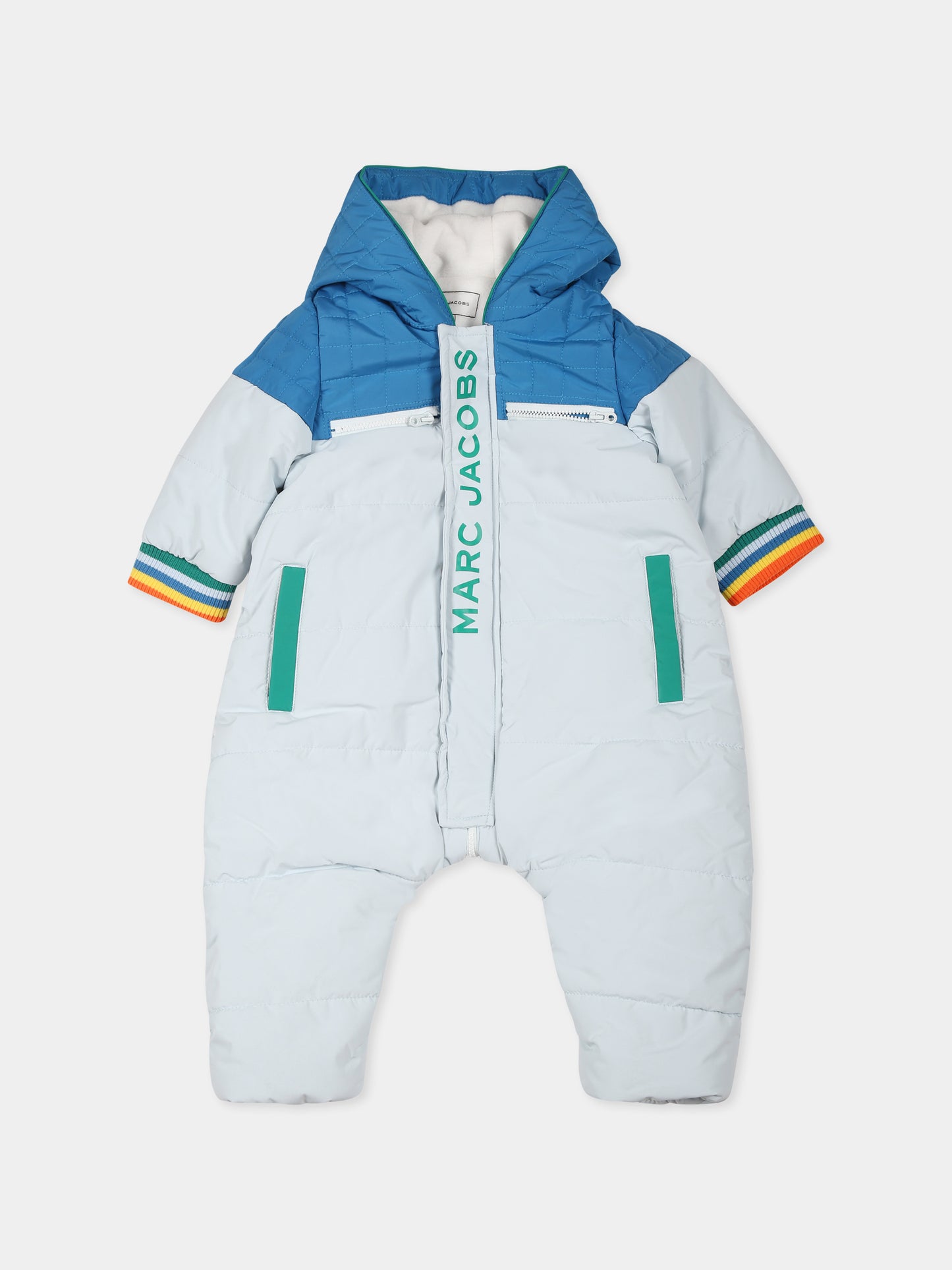 Light blue down jacket for baby boy with logo