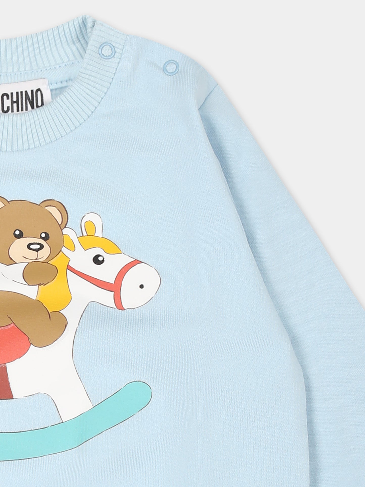 Felpa celeste per neonato con Teddy Bear e cavallo a dondolo,Moschino Kids,MYF04Q LCA19 40304