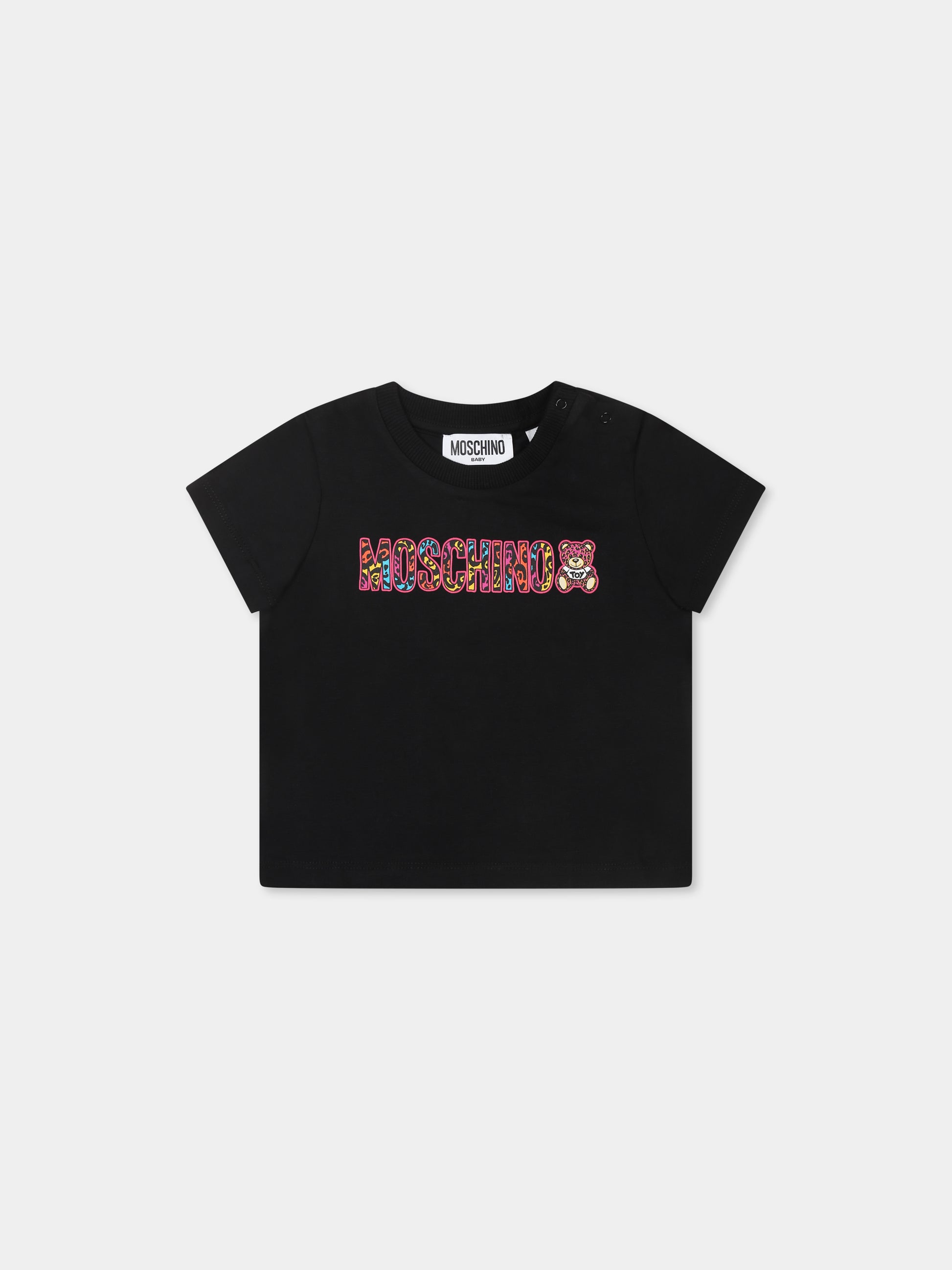 T-shirt nera per neonata con Teddy Bear e logo,Moschino Kids,MBM02U LBA00 60100