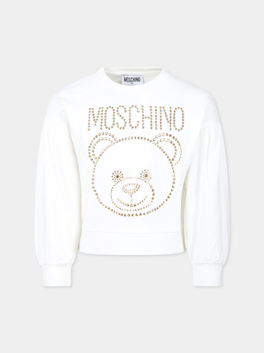 Felpa avorio per bambina con Teddy Bear e borchie,Moschino Kids,HDF05R LDA11 10063