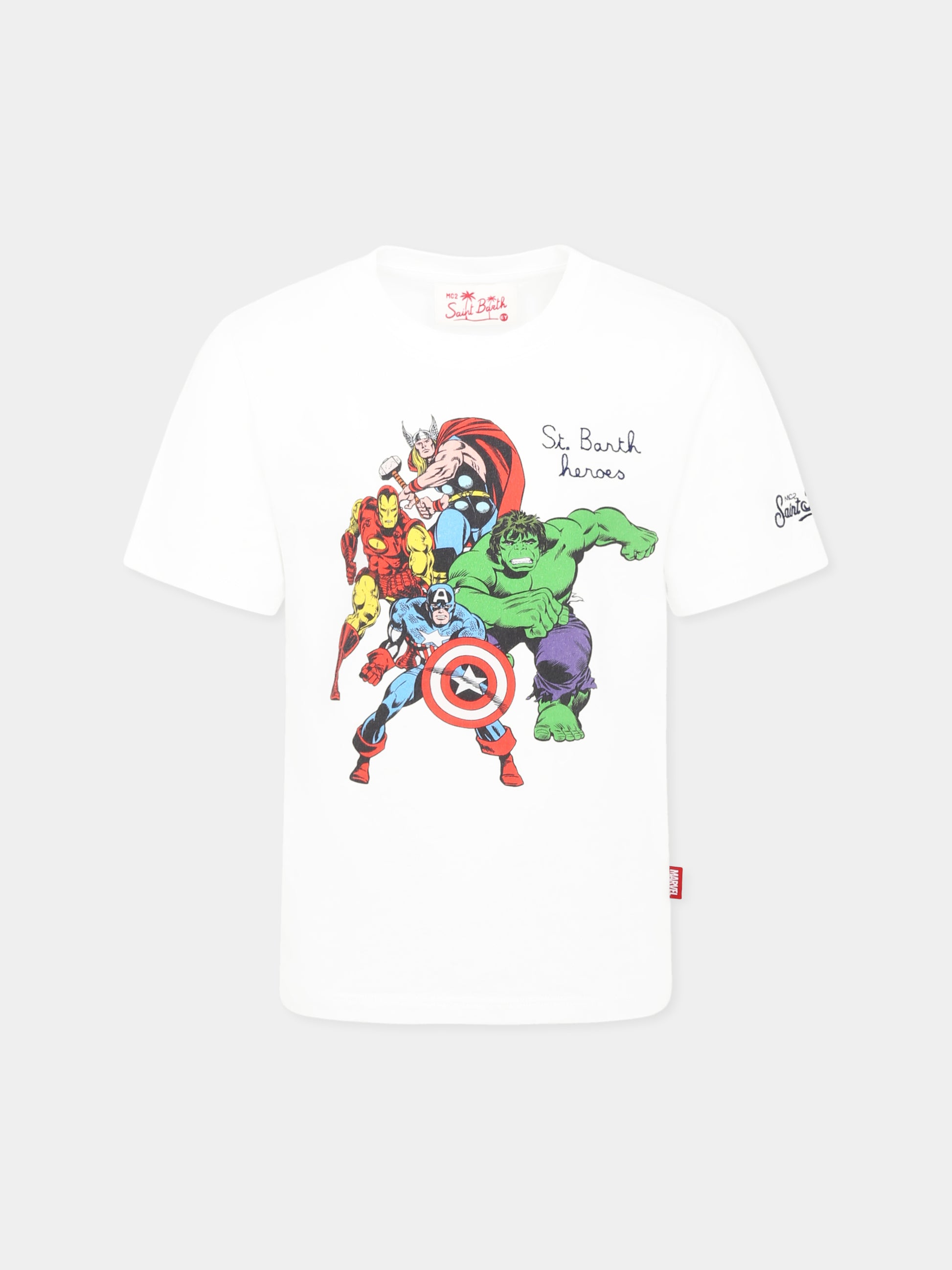 T-shirt bianca per bambino con stampa supereroi,Mc2 Saint Barth,TSH0001 01188H
