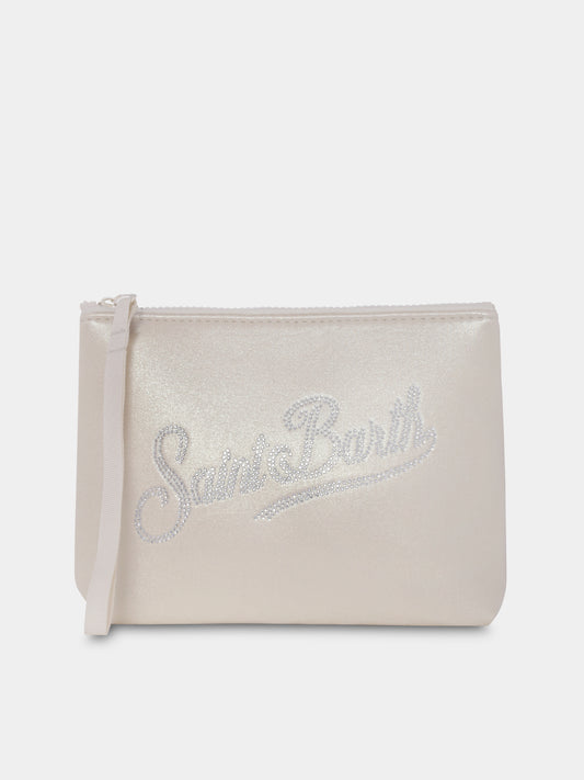 Beige clutch bag for girl with logo