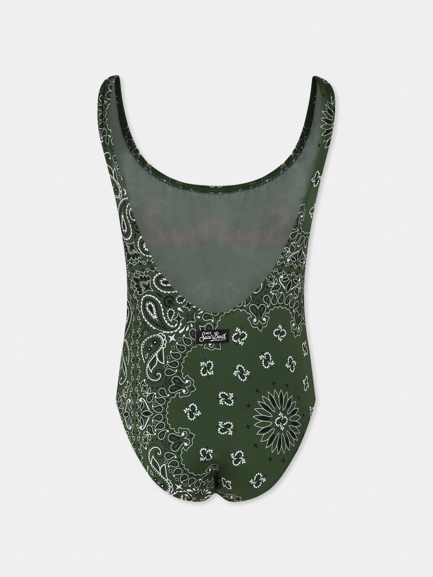 Green swimsuit for girl with bandana print