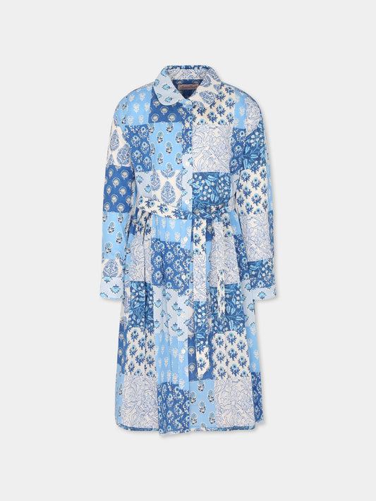 Vestito celeste per bambina con stampa patchwork floreale,Mc2 Saint Barth,PIH0001 00380H