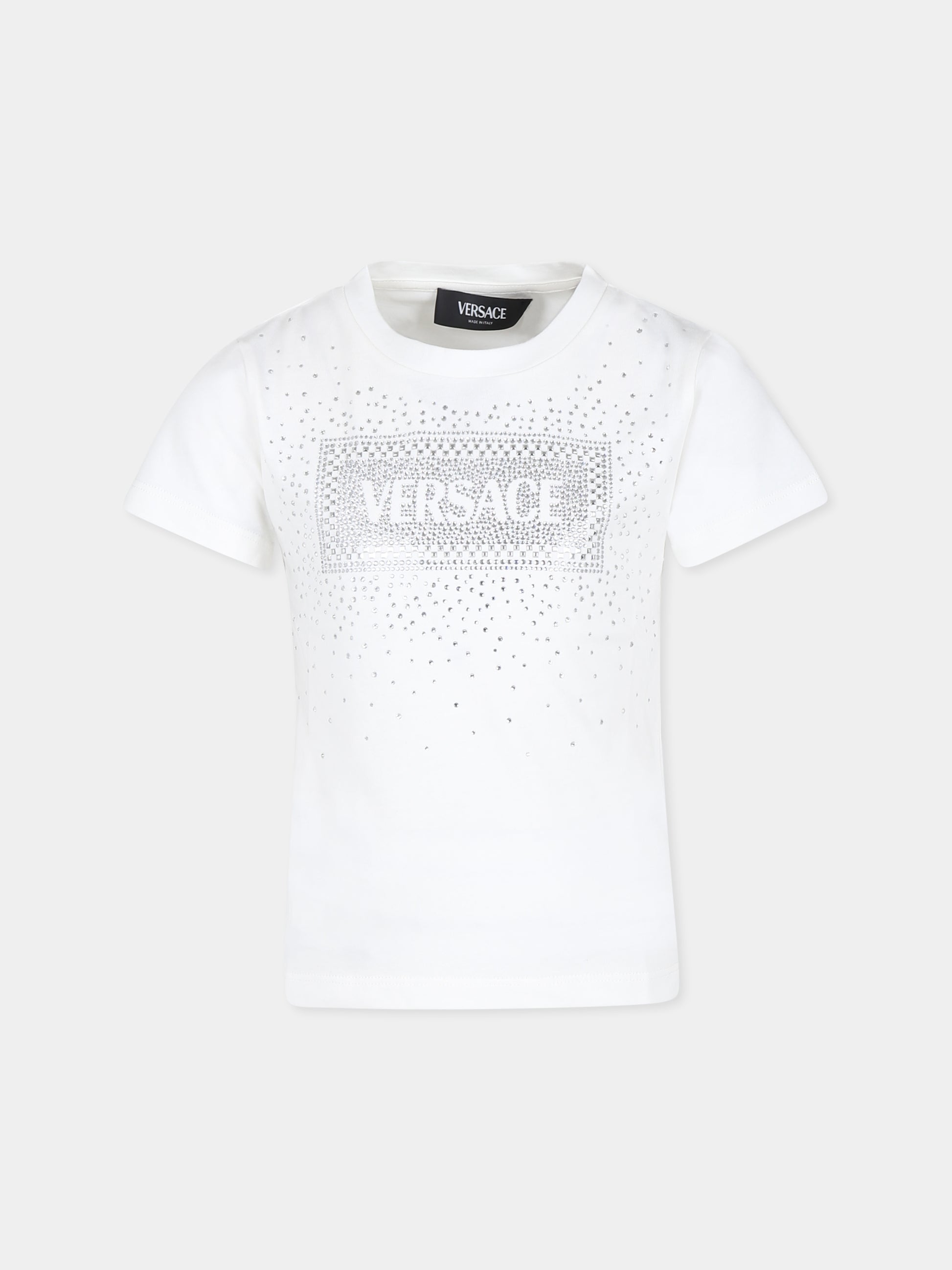 T-shirt bianca per bambina con cristalli e logo,Versace,1000052 1A11469 2B210