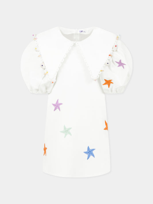 Vestito bianco per bambina con stelle marine,Pangolini Kids,SEA STARS WHITE