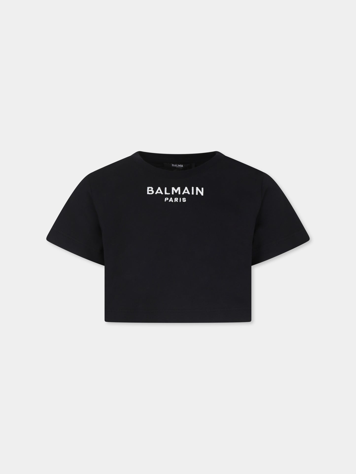 T-shirt crop nera per bambina con logo,Balmain Kids,BU8A21 Z1751 930BC