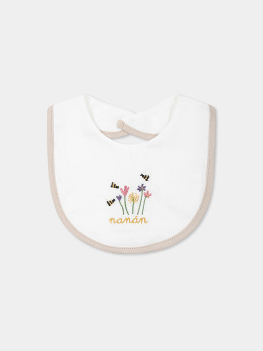 Bavaglino bianco per neonata con api e logo,Nanán,E25407B
